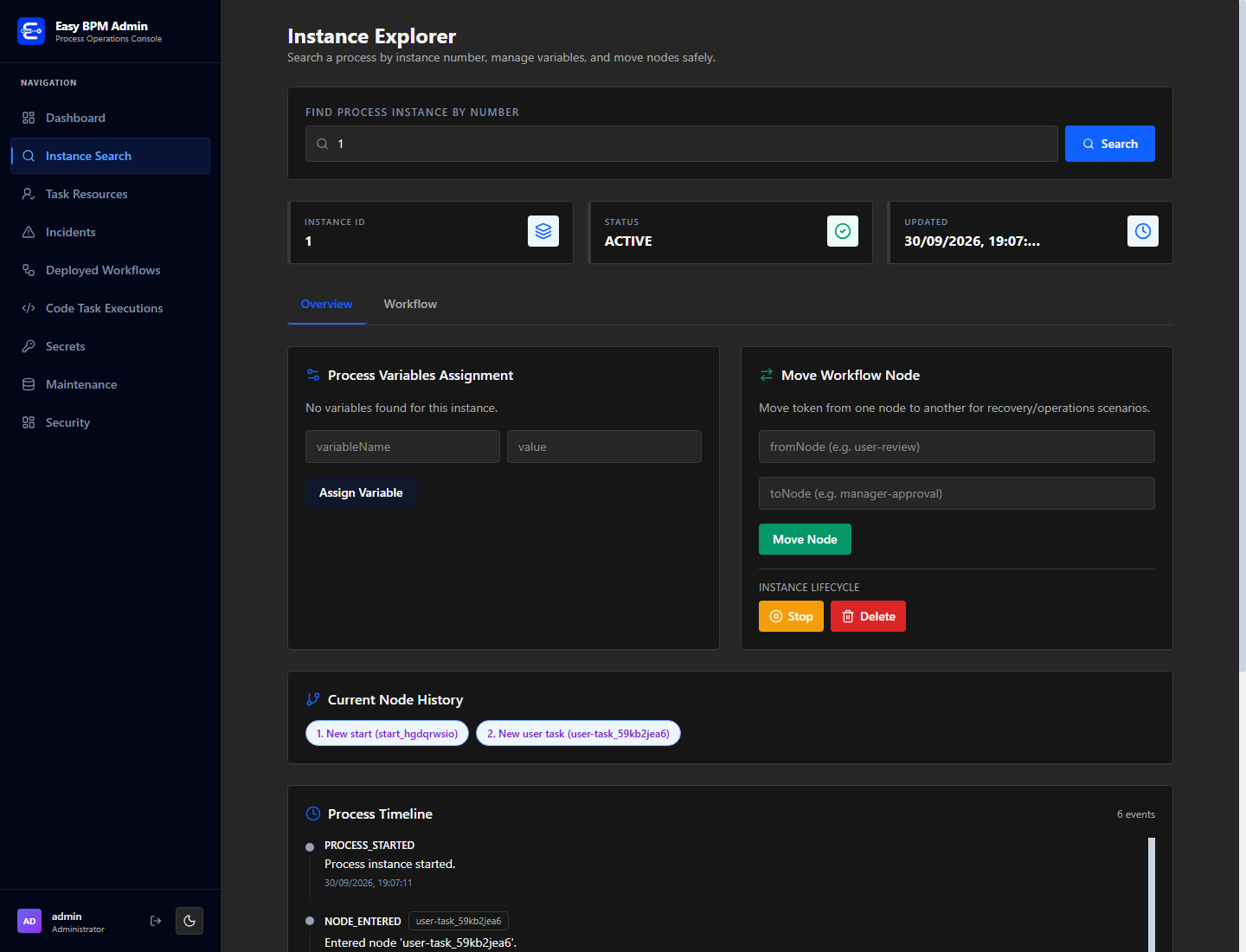 Instance 1 overview and timeline