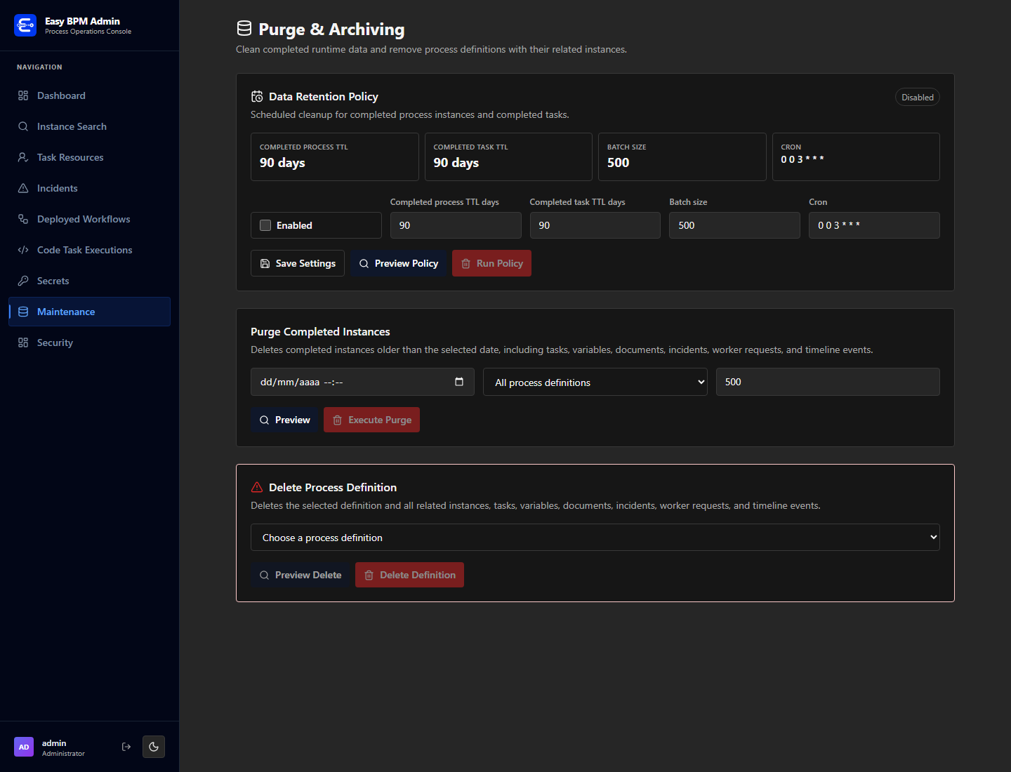 Purge and retention controls