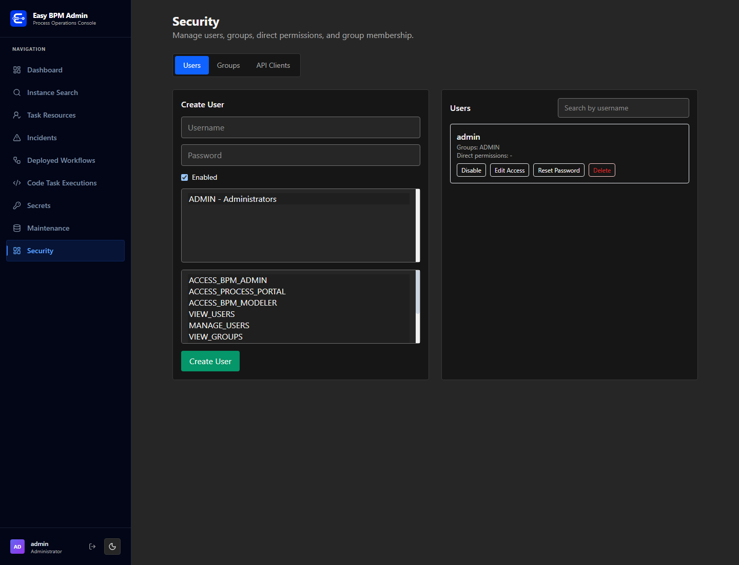 Security user administration
