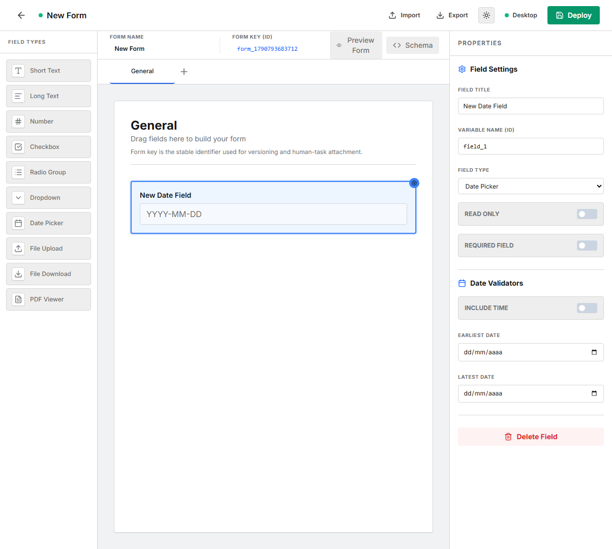 Date Picker field and its properties