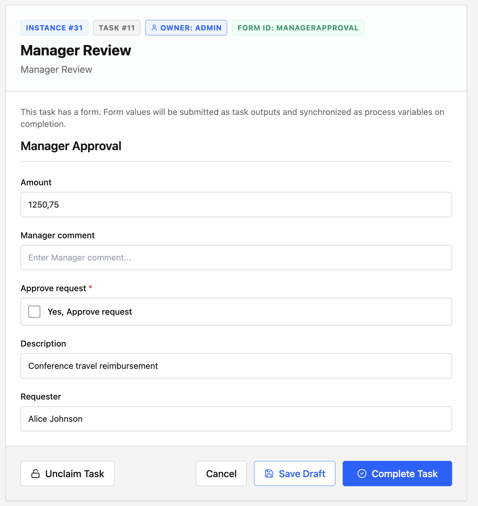 Manager approval form in the Task Portal