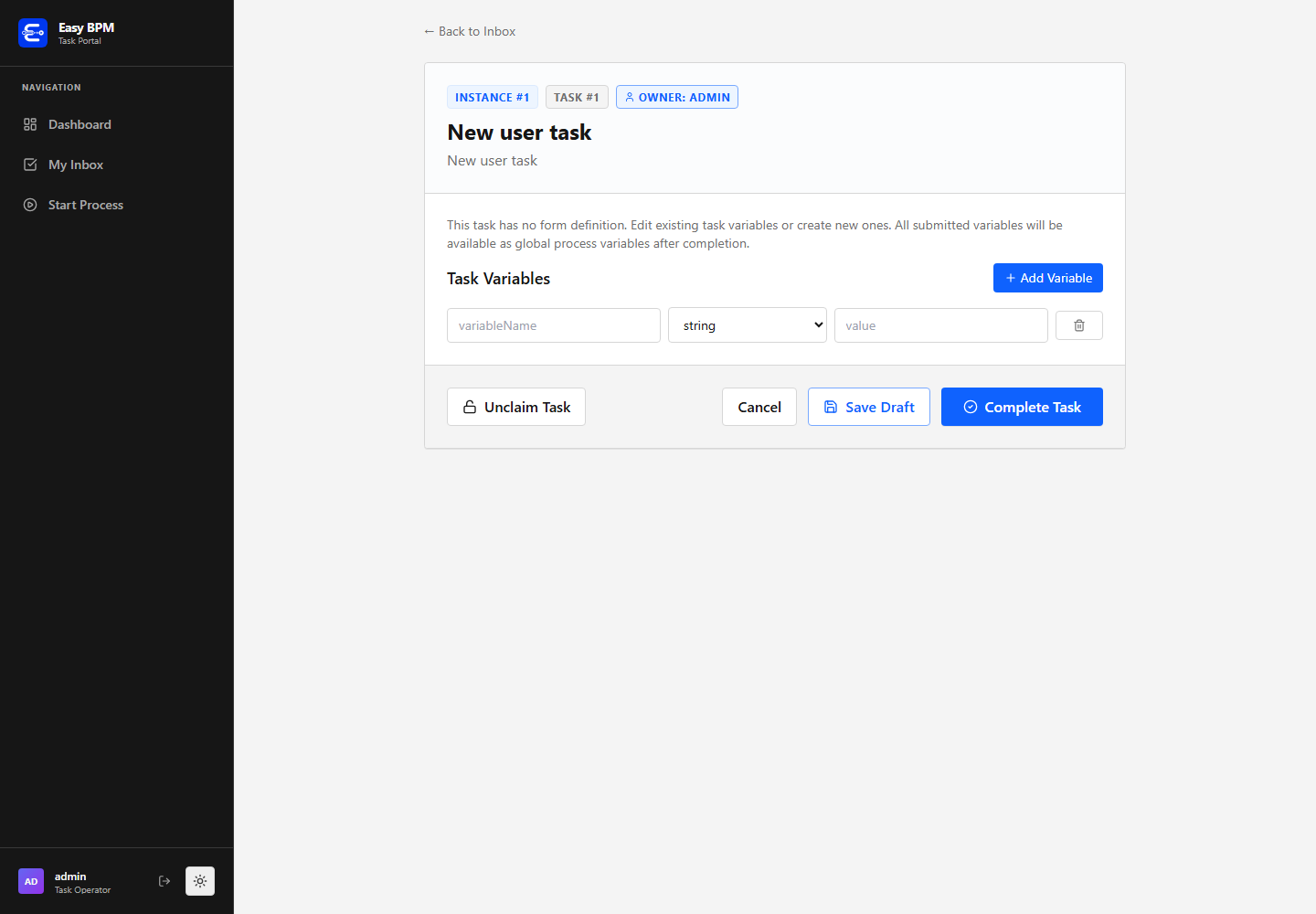Task variable editor